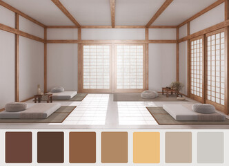Interior design scene with palette color. Different colors and patterns. Architect and designer concept idea. Minimal zen meditation room with carpets and pillows