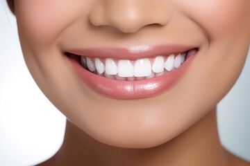 Obraz premium a close up photo of the lower part of a female face. pretty smile with very clean perfect teeth. chin, nose and mouth visible. dental service advertisement. white background