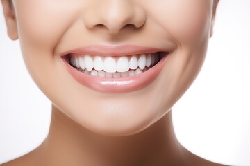a close up photo of the lower part of a female face. pretty smile with very clean perfect teeth. chin, nose and mouth visible. dental service advertisement. white background