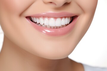 Fototapeta premium a close up photo of the lower part of a female face. pretty smile with very clean perfect teeth. chin, nose and mouth visible. dental service advertisement. white background