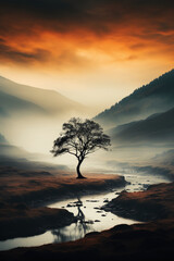 A lone tree sitting on top of a hill. AI generative
