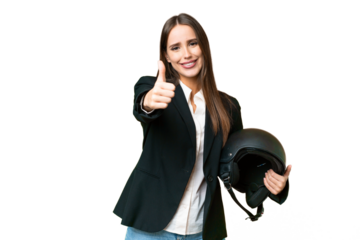 Young Asian woman with a motorcycle helmet over isolated chroma key background with thumbs up because something good has happened