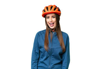 Young cyclist woman over isolated chroma key background with surprise facial expression