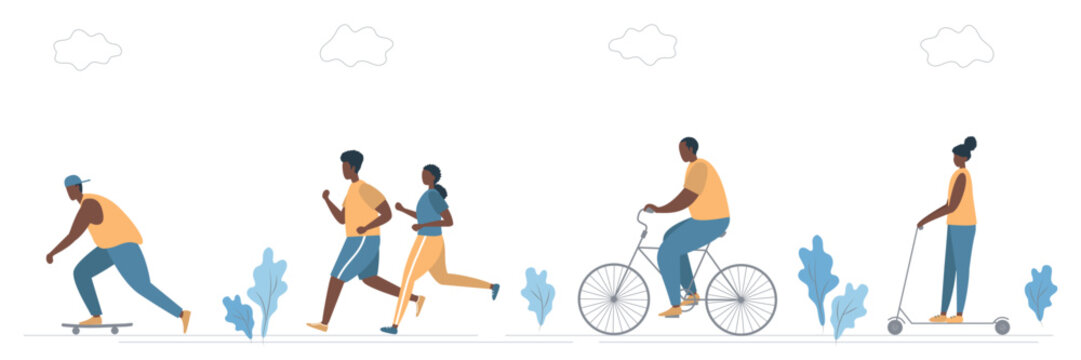 People activities in park. Black men and black women run, ride a bicycle, on electric scooter and on a skateboard. There is also plants and clouds in the picture. Healthy lifestyle concept. Vector