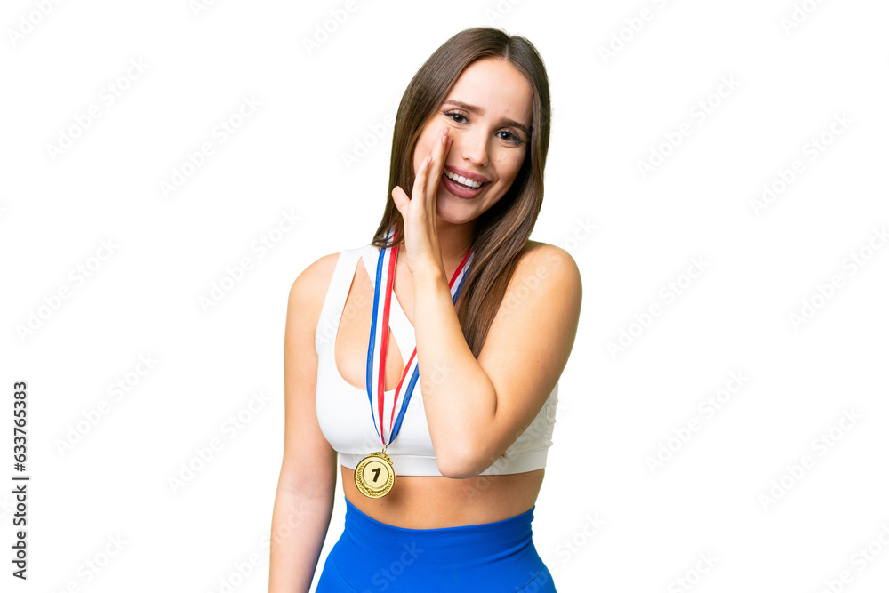 Poster Young beautiful woman with medals over isolated chroma key background whispering something