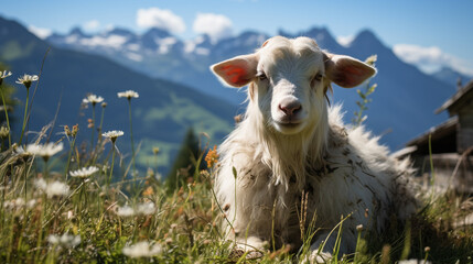 Obraz premium Generative AI, goat against the background of alpine meadows and mountains, farm milk, dairy products, landscape, sky, grass, eco-friendly