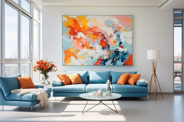 A spacious and bright living room with an abstract painting on the wall. Generative AI.
