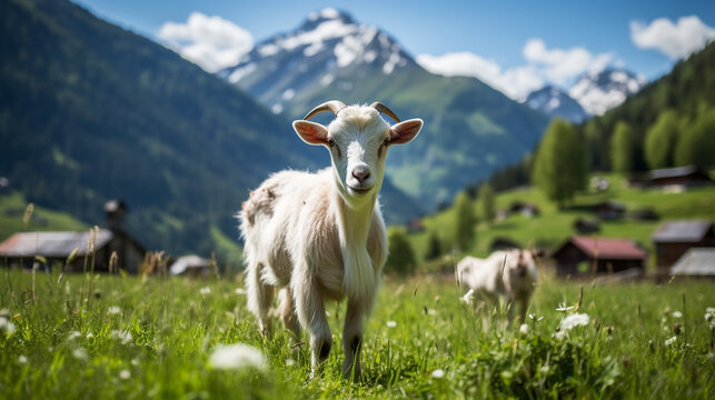 Generative AI, goat against the background of alpine meadows and mountains, farm milk, dairy products, landscape, sky, grass, eco-friendly