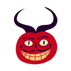 funky pumpkin with an evil muzzle and horns , An illustration in a modern childish hand-drawn style