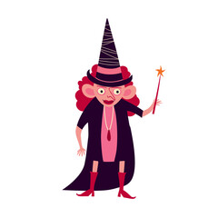 Little funny cute witch with magic stick. Halloween character. Cartoon illustration for Halloween,
