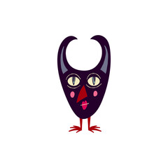 Blue Strange bird with cute face. Cartoon Illustration in doodle style