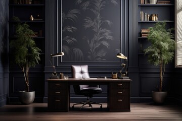 Concept home office with the desk in the center of the room