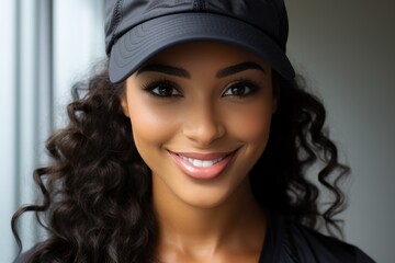 Portrait of happy girl with curly hair. Woman has a cap on her head.