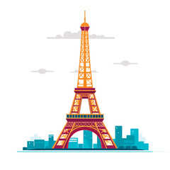 Eiffel Tower on the background of the city. Design, illustration for t-shirt or poster print. Vector