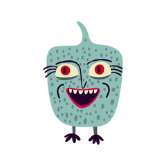 Funny monster with smiling face. Cute quirky comic book characters in a modern flat hand-drawn style