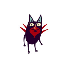 Funky funny cat with wings and strange face . Vibrant Halloween character.