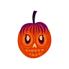 funky pumpkin with an evil muzzle, An illustration in a modern childish hand-drawn style