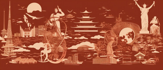 Japan Famous Landmarks Skyline Silhouette Style, Colorful, Cityscape, Travel and Tourist Attraction - Generative AI