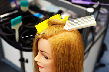 Mannequin with long hair for the exercise of young hairdressers. The process of teaching women's hairstyles in the classroom. selective focus