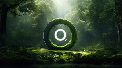Oxygen symbol on the green in the forest. environmental friendliness and future fuel innovation.