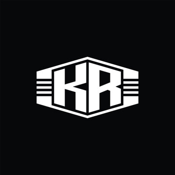 recommend clip art: KR Letter Logo monogram hexagon emblem shape with stripes outline style design
