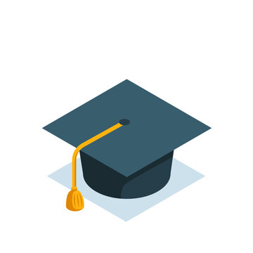 isometric bachelor cap icon in color on white background, university study or graduation