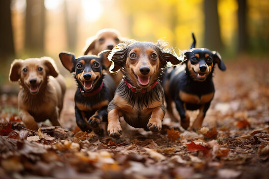Cute funny Dachshund dogs group running and playing on green grass in park in autumns