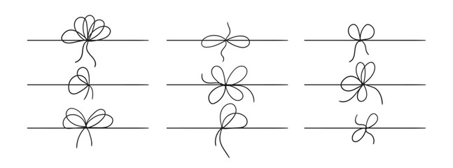 A line of bows on a ribbon to decorate a gift. doodle style ropes, simple thin - obrazy, fototapety, plakaty