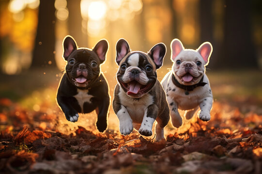 Cute funny British Bulldog dogs group running and playing on green grass in park in autumns