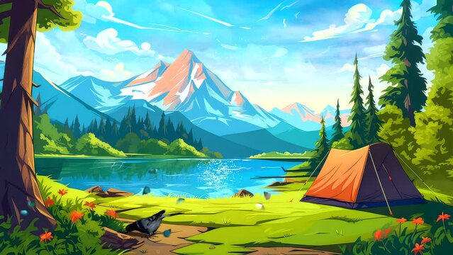 camping on Nature beach, video background anime style animation cartoon beautiful view camping tend with lake, mountain, green grass, flowers, 