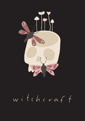 Modern witch aesthetic botanical poster or card. Mystery green witch magic powers elements. Cute feminine mystical herbs, books, flowers. Vector illustration. Witchcraft art. Esoteric, hand drawn