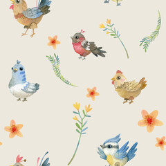 Watercolor cartoon pattern. Cute birds and flowers