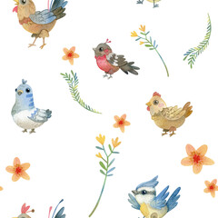 Watercolor cartoon pattern. Cute birds and flowers