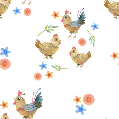Watercolor cartoon pattern. Cute birds and flowers