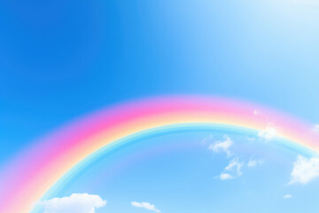 Rainbow on blue sky and white cloud background with copy space.