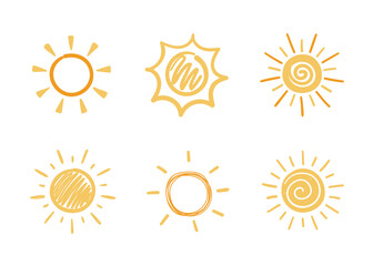 Cute doodle sun set. Set of illustrations in hand drawn style.