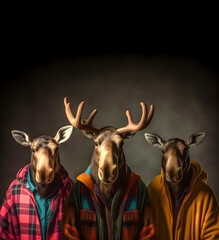 Creative animal concept. Moose in a group, vibrant bright fashionable outfits isolated on solid background advertisement, copy text space. birthday party invite invitation banner