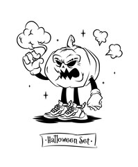 Set of tattoo vector characters for halloween. Beautiful illustrations with characters for t-shirts. Evil Pumpkin in sneakers caught a cloud.