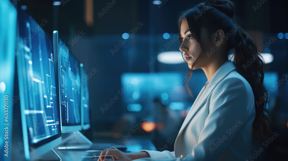 Poster female it programmer working on a modern computer with a futuristic computer