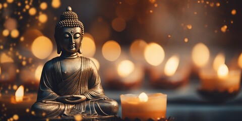 Buddha figure on wooden table blurred background, and candles for meditation. Generative AI