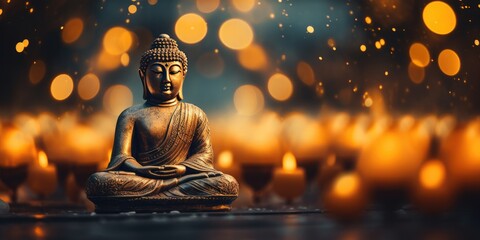 diwali holiday, indian holiday with candles, Buddha figure on wooden table blurred background, and candles for meditation. 