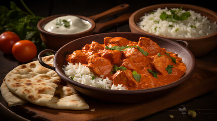 Hot spicy chicken tikka masala in bowl. Chicken curry with rice, indian naan butter bread, spices, herbs. Traditional Indian/British dish, popular indian curry in UK - obrazy, fototapety, plakaty