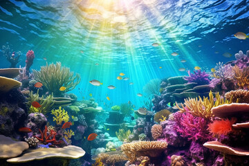 Beautiful scenery of underwater coral reefs shining in the sunlight from the sky. The concept of ecology. © cwa