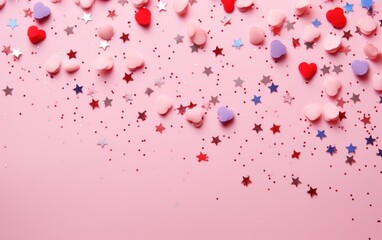 Confetti and stars on pink pastel trendy background. Festive bac. Top view, copy space