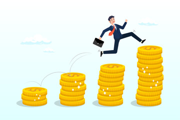 Happy businessman jumping on rising money coin stack, pay raise salary increase, wages or income growth, investment profit and earning rising up, career development or wealth management (Vector)