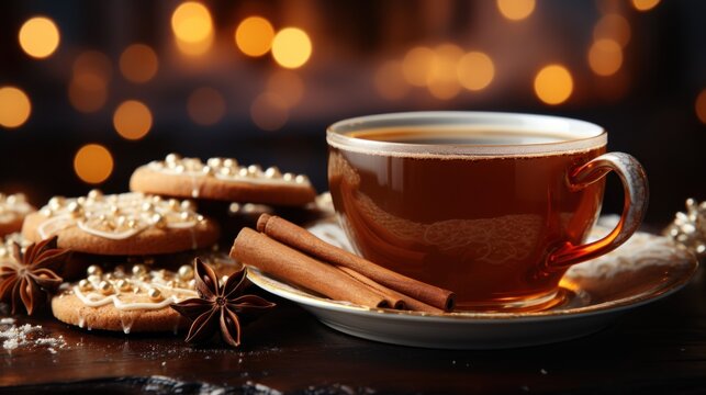 Cup of tea and caramel cane on knitted texture. Christmas background. Close-up