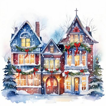 christmas in the city, winter scene watercolor illustration