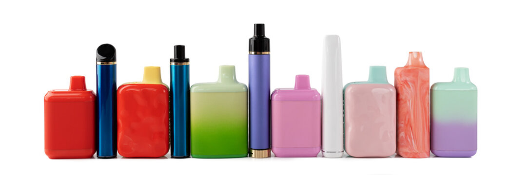 ecigarettes isolated, vape, a set of multicolored electronic cigarettes