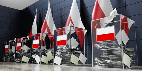Poland - several ballot boxes and flags - voting, election concept - 3D illustration - obrazy, fototapety, plakaty