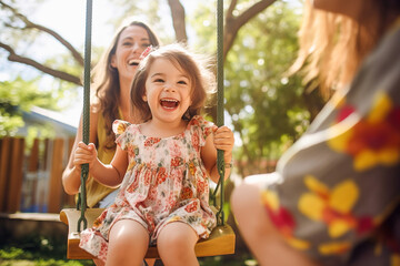 Mom rocks her daughter on a swing.